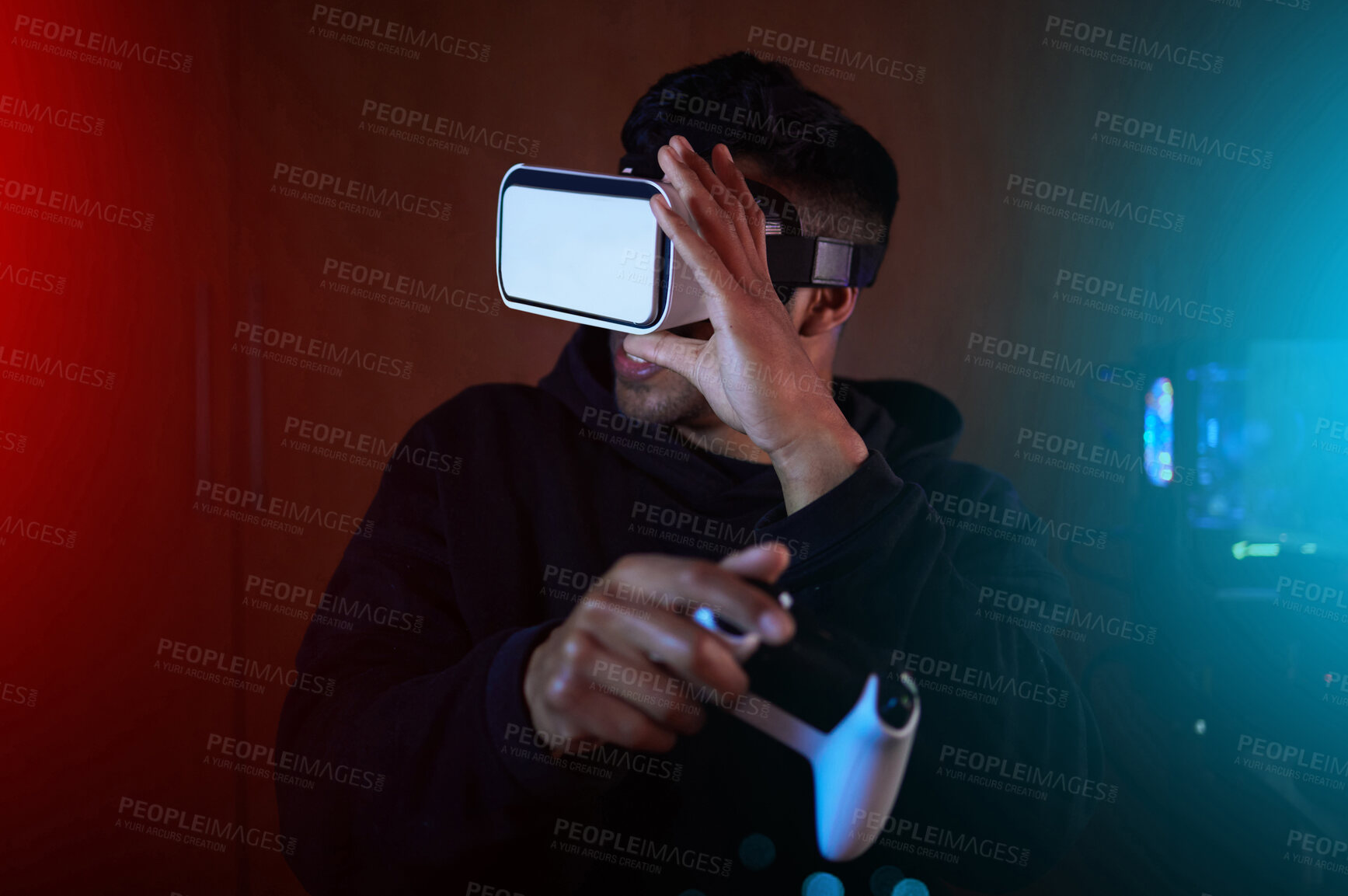 Buy stock photo Man in dark room, video game with VR goggles and controller, online streaming with gaming and metaverse.  Digital world, male streamer and future technology with games and virtual reality experience