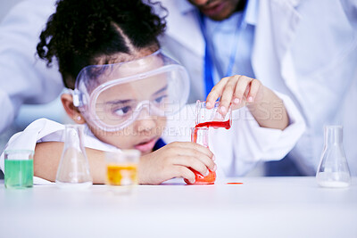 Buy stock photo Science, research and child doing a experiment in a lab in physics or chemistry class in school. Knowledge, education and girl kid student working on a scientific project with glass beaker and liquid