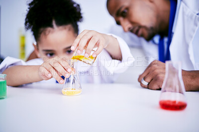 Buy stock photo Science, experiment and child doing a project in a lab in physics or chemistry class in school. Knowledge, education and girl kid student working on a scientific analysis with glass beaker and liquid