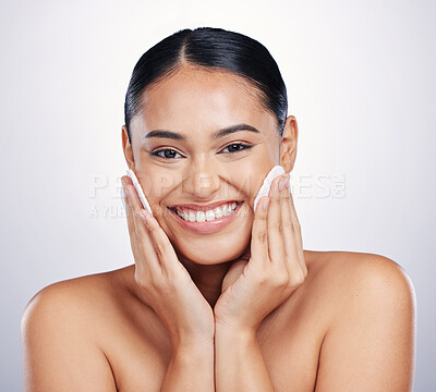 Buy stock photo Happy woman, cotton pads and portrait smile for skincare, natural beauty or cosmetics against a white studio background. Face of female person model smiling with swabs for product or makeup removal
