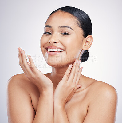 Buy stock photo Natural beauty, smile and face of a woman in studio for glow, dermatology or cosmetics. Portrait of a happy aesthetic model person with self care, facial or skincare results on a white background