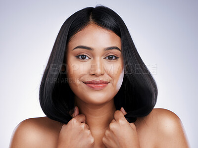 Buy stock photo Haircare, portrait and woman holding hair in hands, smile and luxury keratin strength treatment on white background. Beauty, haircut and happy latino model with strong hairstyle on studio backdrop.