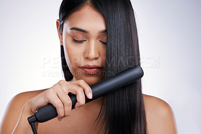 Buy stock photo Hair care, electric straightener and woman with long hairstyle, luxury salon treatment and white background in Brazil. Beauty, healthy haircut and relax, latino model and flat iron on studio backdrop