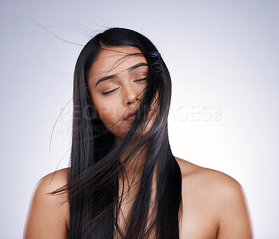 Buy stock photo Hair, closed eyes and relax, woman with long hairstyle, space and luxury salon treatment on white background in Brazil. Beauty, haircut and latino model with straight style blowing on studio backdrop
