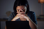 Woman, laptop and night in office with stress for glitch, 404 error and burnout at information technology job. IT expert, anxiety and fatigue in dark workplace with computer, headache and frustrated