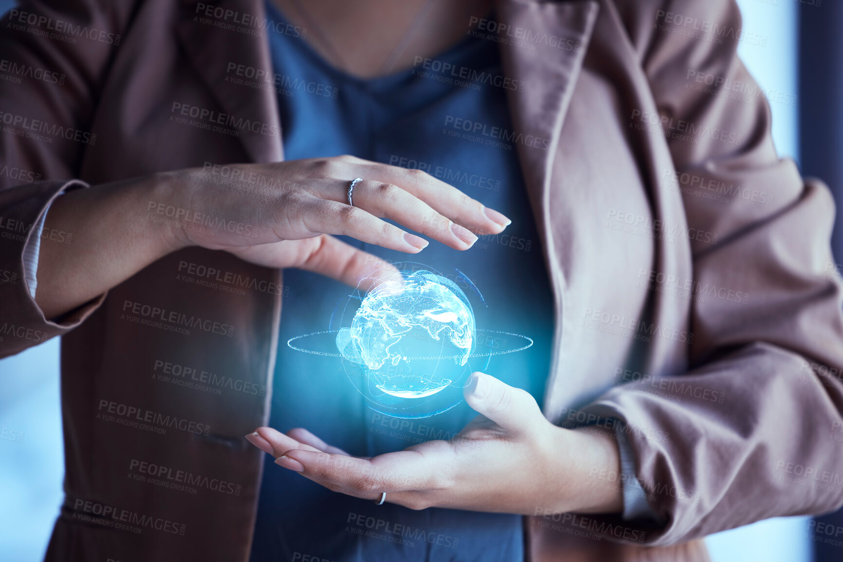 Buy stock photo Woman, hands and hologram earth in night at office for global network, communication and digital transformation. Female IT expert, 3d holographic world and cloud computing in dark workplace with ux