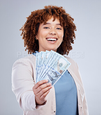 Buy stock photo Fan, cash and woman portrait isolated on a white background for winning, cash success or happy finance. Rich, wealth and face of african person or winner bonus, cashback and financial loan in studio