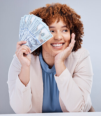 Buy stock photo Money, face and woman with cash in studio, mockup or payment from lottery, competition or financial winner of giveaway. Finance, award or bonus prize in savings and trading, investment or bank bills