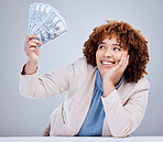 Face, money and woman with cash in studio, mockup or payment from lottery, competition or financial winner of giveaway. Finance, award or bonus prize in savings and trading, investment or bank bills