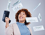 Money, shooting and happy woman isolated on studio background of winning, cashback success or financial freedom. Lottery, competition and business person or winner with bonus gun, rich or cash in air
