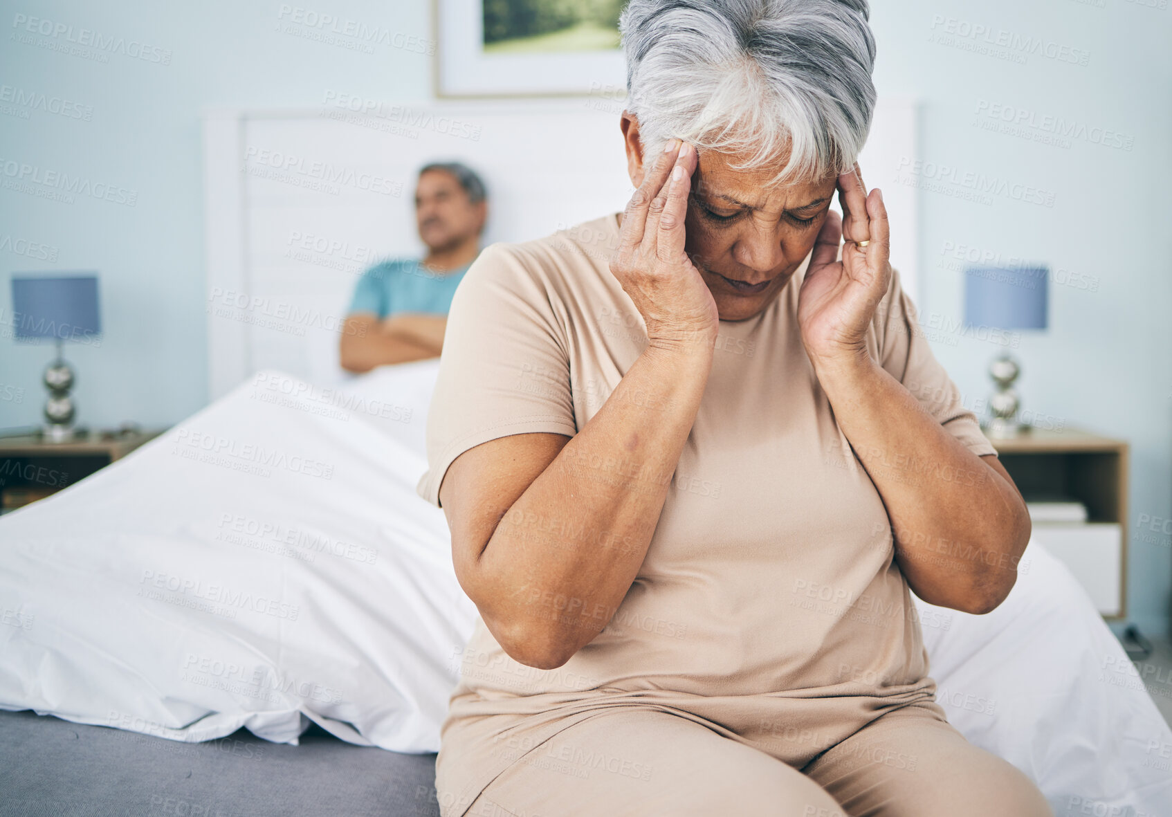 Buy stock photo Senior couple, bedroom and fight with a headache, retirement and relationship issue with pain, home and argument. Partners, mature man and elderly woman with a migraine, bed and angry with fatigue
