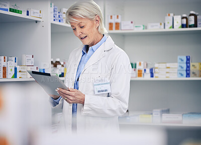 Buy stock photo Pharmacy, medicine and woman with tablet for inventory, stock list or online prescription. Pharmacist, record of medical product and digital information on pills, pharmaceutical data or technology