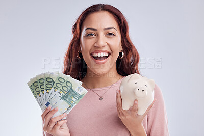 Buy stock photo Money, portrait or happy woman with a piggy bank for financial wealth or savings on white background. Finance, investment or girl smiling or investing Euros or budget in tin for safety or security