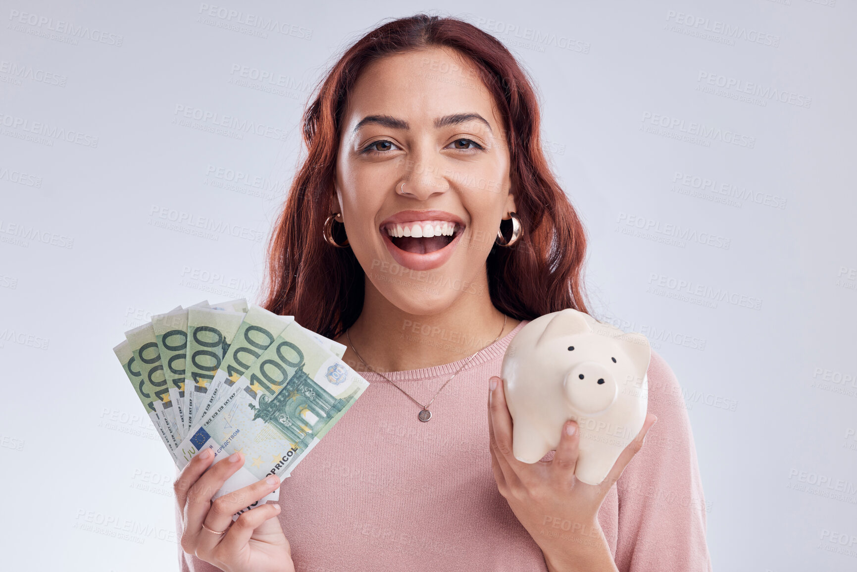 Buy stock photo Money, portrait or happy woman with a piggy bank for financial wealth or savings on white background. Finance, investment or girl smiling or investing Euros or budget in tin for safety or security