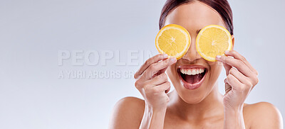 Buy stock photo Skincare, mockup or happy woman with orange as natural facial with citrus or vitamin c for wellness. Studio background, smile or healthy girl model smiling with organic fruits for dermatology beauty