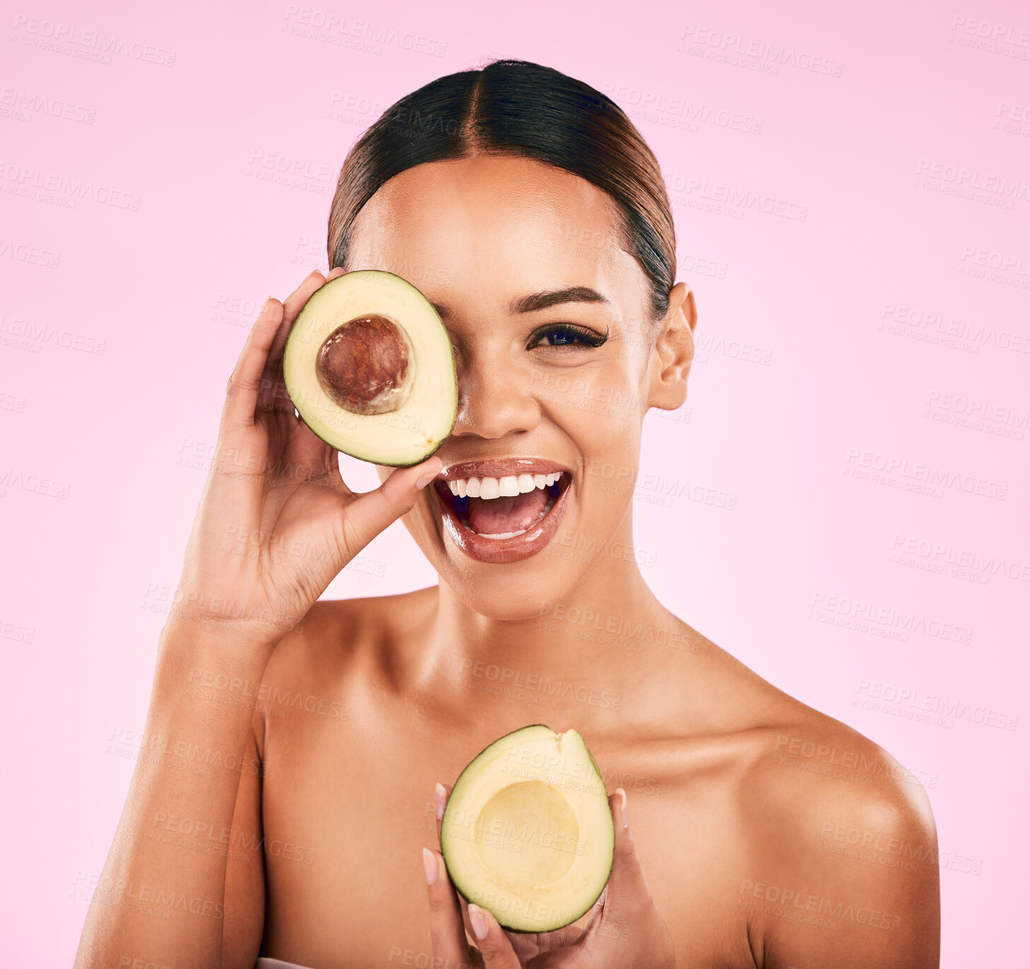 Buy stock photo Happy woman, portrait smile and avocado for nutrition, natural beauty or skincare cosmetics against a pink studio background. Female person or model smiling with vegetable for health, fiber and diet