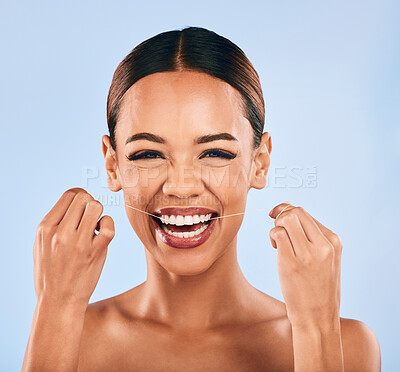 Buy stock photo Happy woman, portrait and dental floss for cleaning teeth healthcare or hygiene against a studio background. Female person or model with smile in tooth whitening, flossing or oral, gum and mouth care