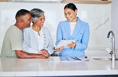 Buy stock photo Happy senior couple, real estate agent and tablet in new house with discussion, sale and mortgage. Man, women and documents for agreement, property and home with smile in retirement with investment