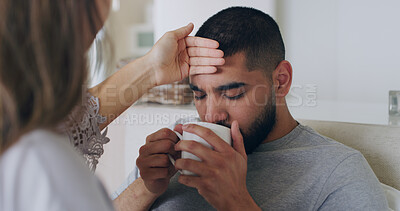 Buy stock photo Sick, fever and tea with couple in bedroom for problem, medical and illness recovery. Relax, love and care with man and woman helping in bed at home for virus, fatigue and disease treatment