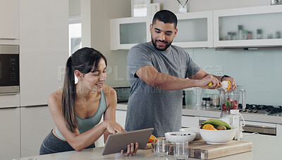 Buy stock photo Health smoothie, couple and tablet with recipe with nutritionist fruit, healthy food and smile at home. Nutrition, breakfast and web of a woman and man together with juice blender and diet in kitchen