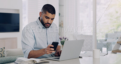 Buy stock photo Man, remote work and smartphone at laptop in home for reading notification, digital planning and online information. Male freelancer, cellphone and working on computer, internet and check mobile app