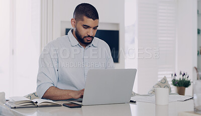 Buy stock photo Man, remote work and typing at laptop in home for digital planning, online research and information at table. Male freelancer working on computer technology, internet and reading email for budget 
