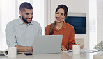 Laptop, finance and couple planning bills, debt or mortgage payments together in the living room. Technology, financial documents and young man and woman paying with online banking in their home.