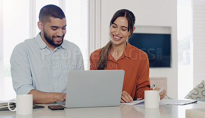 Buy stock photo Laptop, finance and couple planning bills, debt or mortgage payments together in the living room. Technology, financial documents and young man and woman paying with online banking in their home.