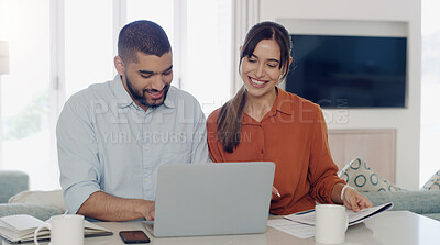 Buy stock photo Laptop, savings and couple planning a budget for bills, debt or mortgage payments together in the living room. Technology, finance documents and young man and woman paying with online banking at home