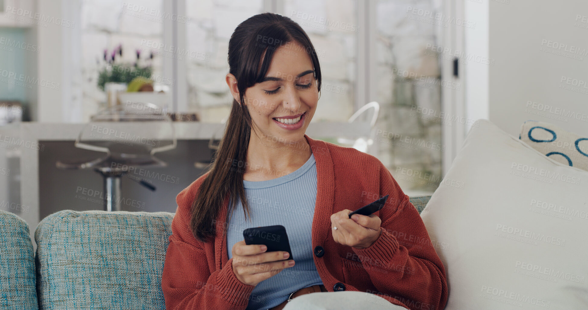 Buy stock photo Happy woman, credit card and online shopping on smartphone in home for digital payment, fintech or money transfer. Female, mobile banking and finance of cash, web sales and password for financial app