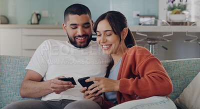 Buy stock photo Couple, credit card and online shopping on smartphone in home for digital payment, fintech and money app. Happy man, woman and mobile banking for easy finance, website sales and password of account