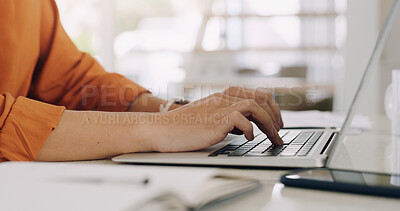 Buy stock photo Hands, woman and laptop keyboard at table for planning, online research and blog on internet. Closeup, computer and typing on technology for website connection, email and digital copywriting at desk