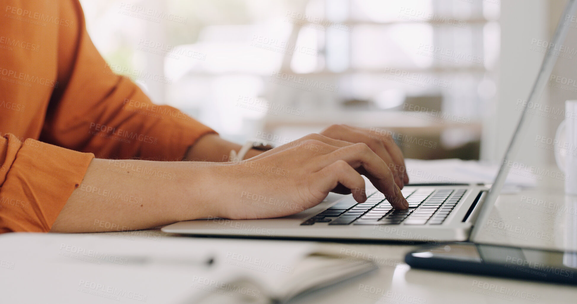 Buy stock photo Hands, woman and laptop keyboard at table for planning, online research and blog on internet. Closeup, computer and typing on technology for website connection, email and digital copywriting at desk