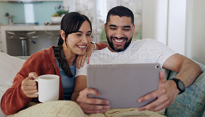Buy stock photo Tablet, couple and smile on couch in home for social media, funny news and online meme. Happy man, woman and relax with digital technology, web subscription and streaming movie on network connection