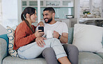 Happy, couple and cellphone on sofa in living room with social media post, online subscription and mobile app. Man, woman and smartphone for digital connection, technology and coffee to relax at home