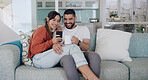 Phone, happy and couple relax on sofa for social media post, online website and internet at home. Communication, relationship and man and woman on smartphone for quality time, bonding and networking