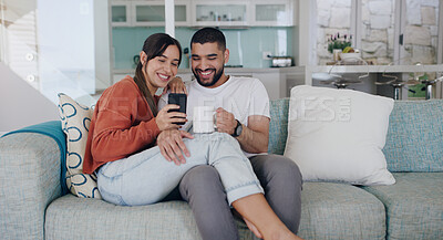 Buy stock photo Phone, happy and couple relax on sofa for social media post, online website and internet at home. Communication, relationship and man and woman on smartphone for quality time, bonding and networking