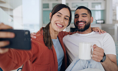 Buy stock photo Home, selfie and couple smile on sofa for social media post, online vlog and internet with coffee. Dating, morning and happy man and woman take picture for update, bonding and relax in living room