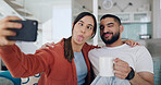 Home, selfie and couple with crazy face on sofa for social media post, online vlog and internet. Dating, love and happy man and woman take funny picture for update, emoji and relax in living room