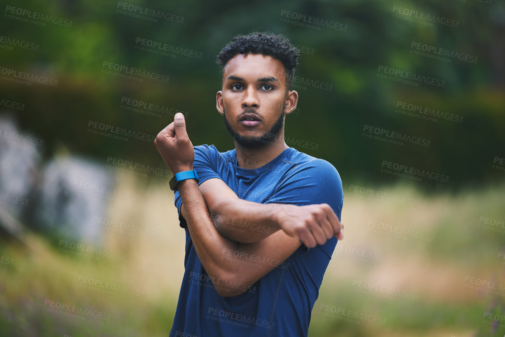 Buy stock photo Sports, fitness and portrait of man stretching arms for workout, exercise and marathon training outdoors. Nature, running athlete and male person stretch body for wellness, cardio and warm up in park