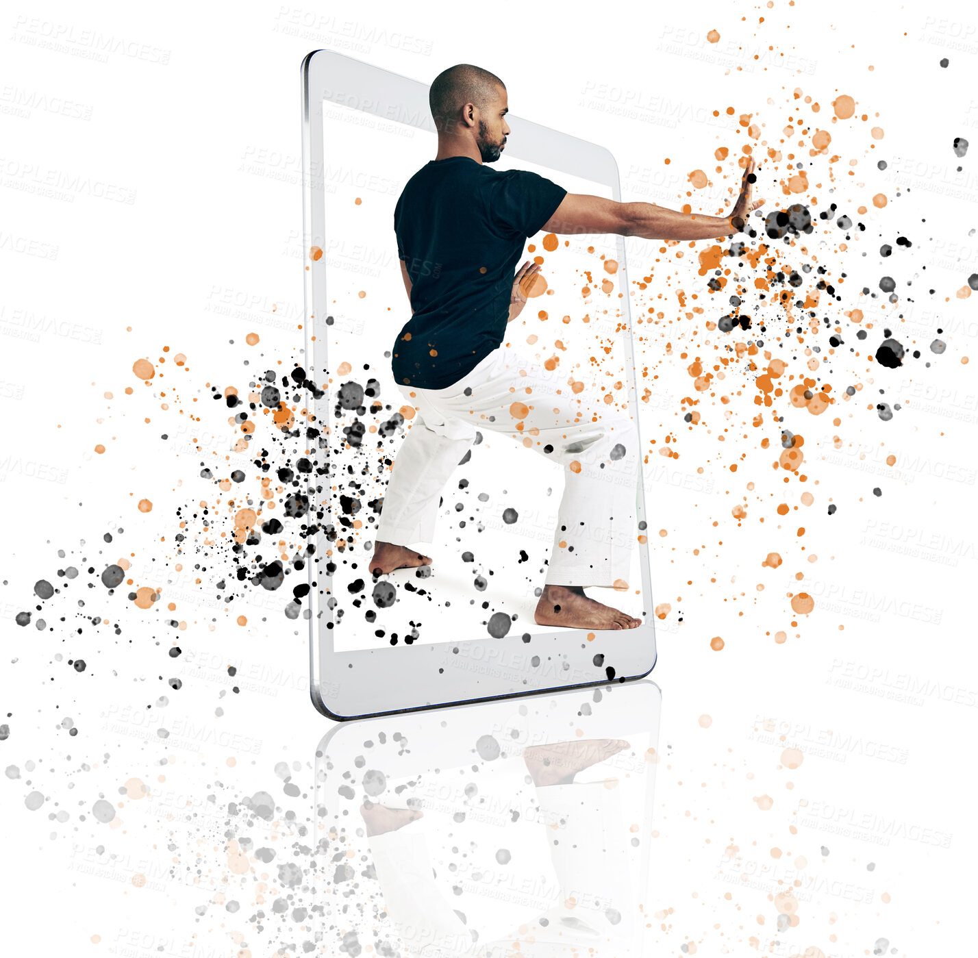 Buy stock photo Fitness, frame and karate man on digital tablet in studio for training, health and creative sports on white background. Screen, box and male taekwondo trainer with online app for martial arts workout