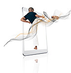 Karate, mobile app and man with routine, exercise and technology isolated against white studio background. Male person, athlete or guy with fitness, training and motivation with smartphone and cardio