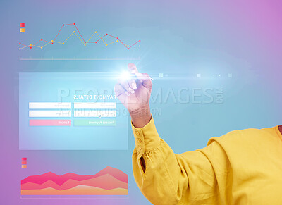 Buy stock photo Payment, hologram design and woman hand isolated on studio background of website application and futuristic technology. Touchscreen, person finger and online shopping, registration or website overlay