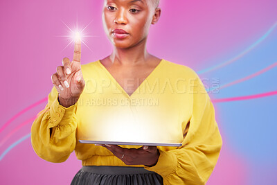 Buy stock photo Tablet, 3d and overlay with a black woman user in studio on a neon background for biometrics on a dashboard. Futuristic, digital and ai with a person using a holographic, virtual or ai interface