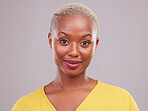 Face portrait, smile and and a black woman with makeup isolated on a white background in a studio. Happy, cosmetic and an African girl with facial cosmetics, wellness and confidence on a backdrop