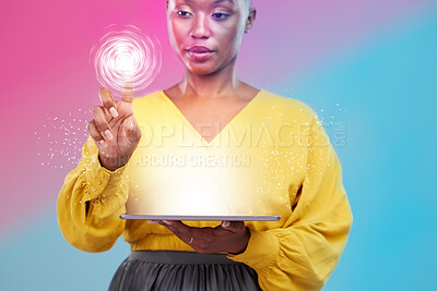 Buy stock photo Tablet, hologram and overlay with a black woman in studio on a neon background for biometrics on a dashboard. Futuristic, digital and ai with a person using a holographic or virtual user interface