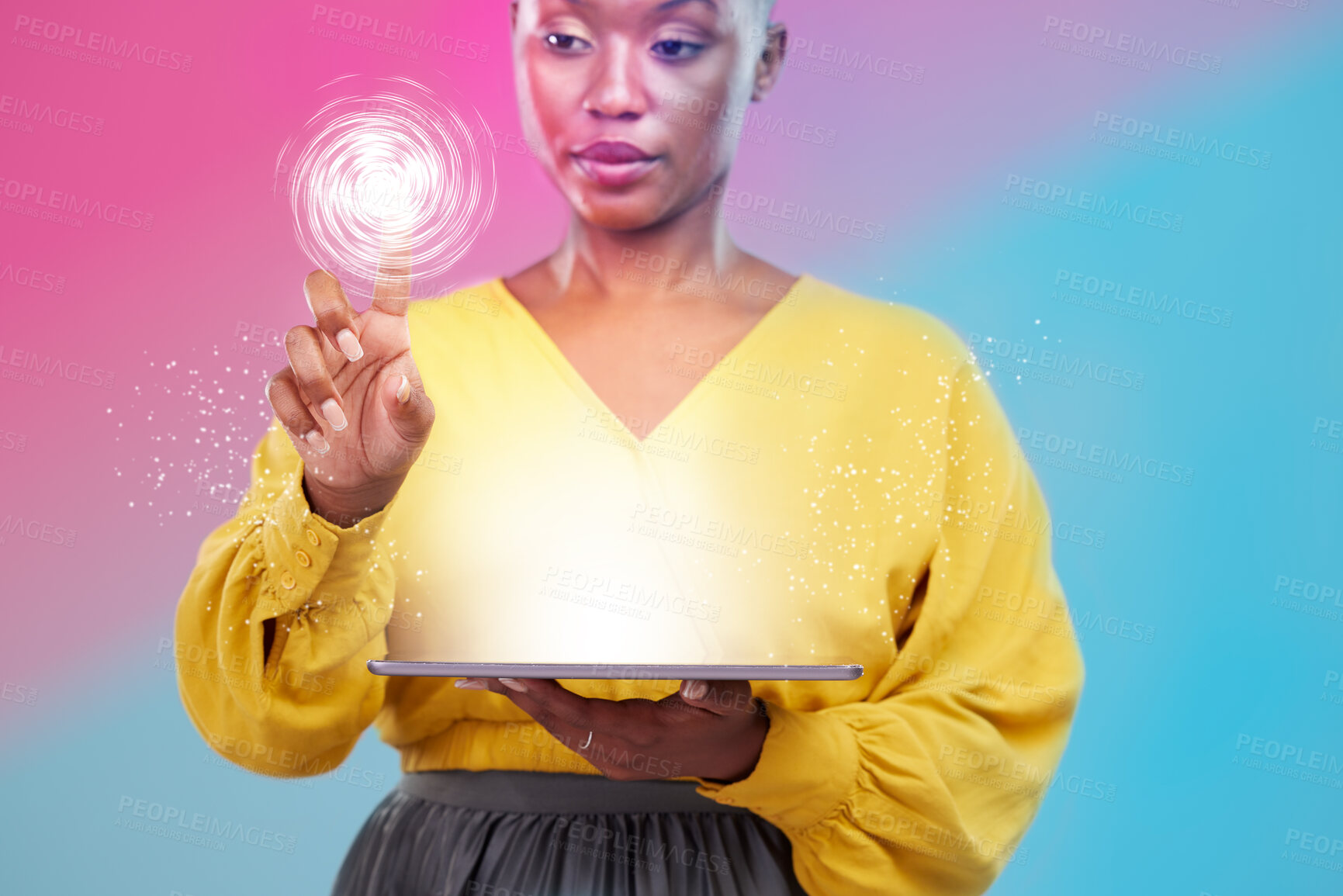 Buy stock photo Tablet, hologram and overlay with a black woman in studio on a neon background for biometrics on a dashboard. Futuristic, digital and ai with a person using a holographic or virtual user interface