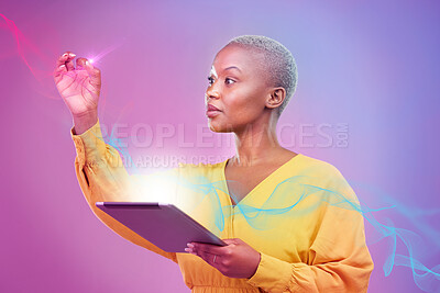 Buy stock photo Tablet, hologram and overlay with a black woman in studio on a neon background for an ai icon on a dashboard. Futuristic, digital and ai with a person using a holographic or 3d virtual user interface