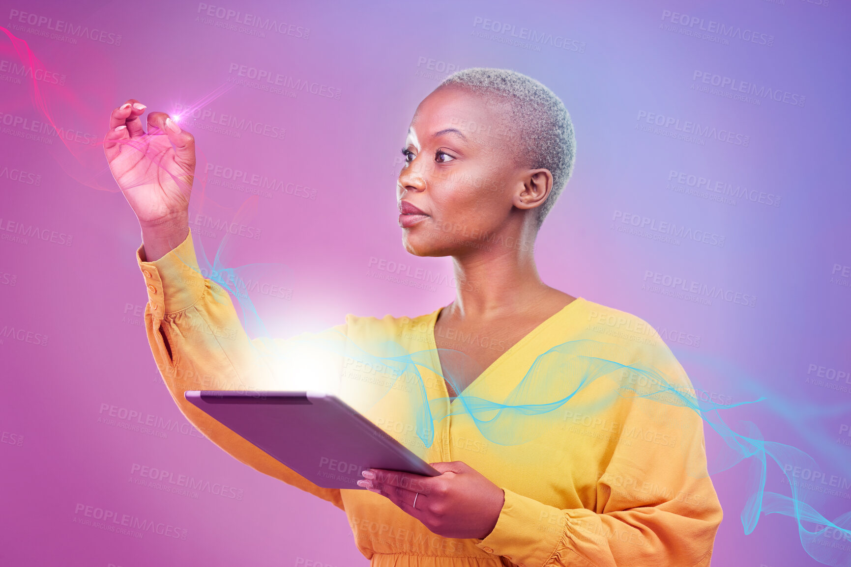 Buy stock photo Tablet, hologram and overlay with a black woman in studio on a neon background for an ai icon on a dashboard. Futuristic, digital and ai with a person using a holographic or 3d virtual user interface