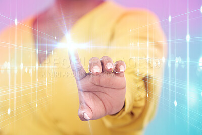 Buy stock photo Touch, digital lights and woman hand isolated on a neon background in holographic, metaverse and futuristic technology. Finger, screen and person hologram, networking overlay or software in studio